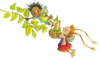 Illustration von Constanze und Moritz, die mit frischen Kräutern durch die Luft fliegen. | © SONNENTOR